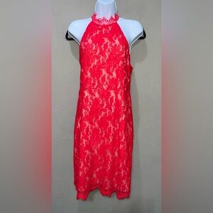 Sans Souci Red Lace Sleeveless Halter Open Back Fully Lined Dress